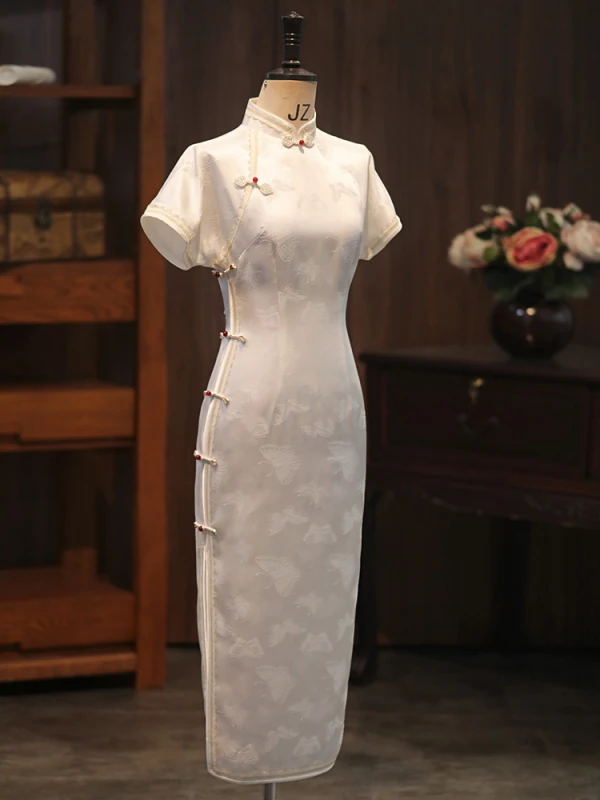 Chinese style White Printing Silk Evening Party Cheongsam 2024 Trumpet / Mermaid High Neck Short Sleeve Tea-length