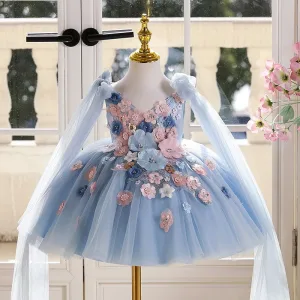 Chic Belle Bleu Ciel En Dentelle Fleur Appliques Anniversaire Courte Robe Ceremonie Fille 2025 Robe Boule V Cou Sans Manches