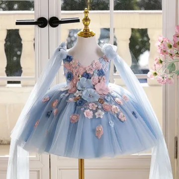 Chic Belle Bleu Ciel En Dentelle Fleur Appliques Anniversaire Courte Robe Ceremonie Fille 2025 Robe Boule V Cou Sans Manches