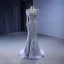 High-end Vintage / Retro Grey Beading Sequins Evening Dresses 2023 Trumpet / Mermaid V-Neck Long Sleeve Evening Party Court Train Formal Dresses