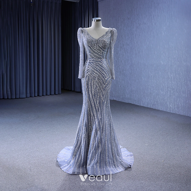 High-end Vintage Retro Grey Beading Sequins Evening Dresses 2023 Trumpet Mermaid V-Neck