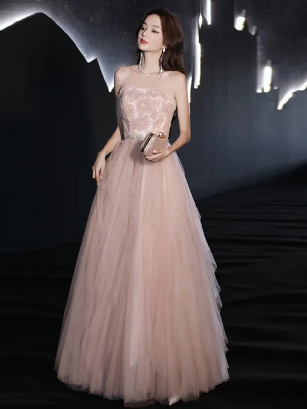 Charming Blushing Pink Beading Pearl Ruffle Prom Dresses 2023 A-Line / Princess Strapless Sleeveless Backless Floor-Length / Long Prom Formal Dresses