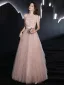 Charming Blushing Pink Beading Pearl Ruffle Prom Dresses 2023 A-Line / Princess Strapless Sleeveless Backless Floor-Length / Long Prom Formal Dresses