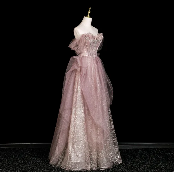 Scintillantes Haut de Gamme Rougissant Rose Faux Diamant Paillettes Robe De Soirée 2025 Princesse Bustier Sans Manches Dos Nu Longue Soirée Robe De Ceremonie