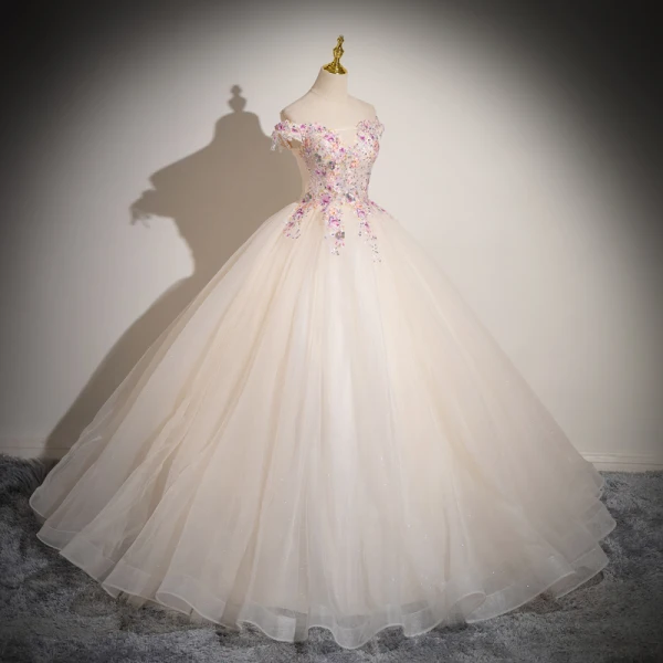 Elegant Champagne Beading Sequins Lace Flower Appliques Prom Dresses 2024 Ball Gown Off-The-Shoulder Sleeveless Backless Floor-Length / Long Prom Formal Dresses