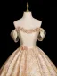 Vintage / Retro Champagne Appliques Satin Prom Dresses 2026 Ball Gown Strapless Sleeveless Backless Floor-Length / Long Formal Dresses