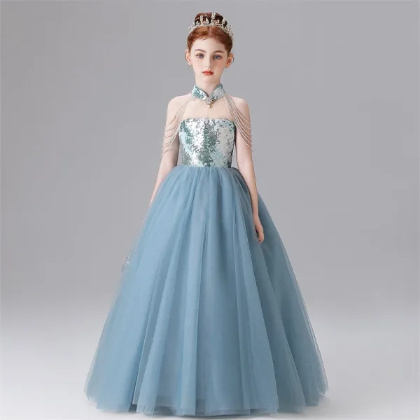 Chic / Beautiful Sky Blue Beading Tassel Sequins Birthday Flower Girl Dresses 2025 Ball Gown High Neck Sleeveless Floor-Length / Long