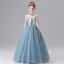 Chic / Beautiful Sky Blue Beading Tassel Sequins Birthday Flower Girl Dresses 2025 Ball Gown High Neck Sleeveless Floor-Length / Long