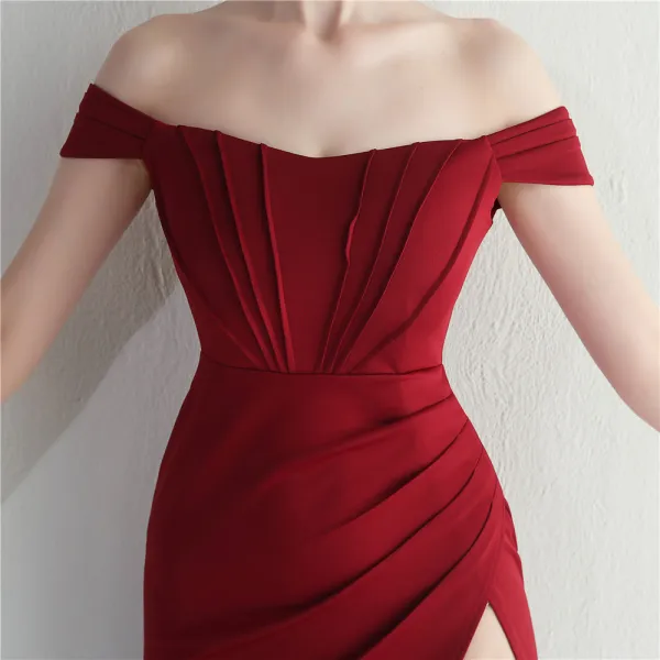 Chic / Beautiful White Split Front Evening Dresses 2024 Trumpet / Mermaid Off-The-Shoulder Sleeveless Backless Floor-Length / Long Evening Party Formal Dresses