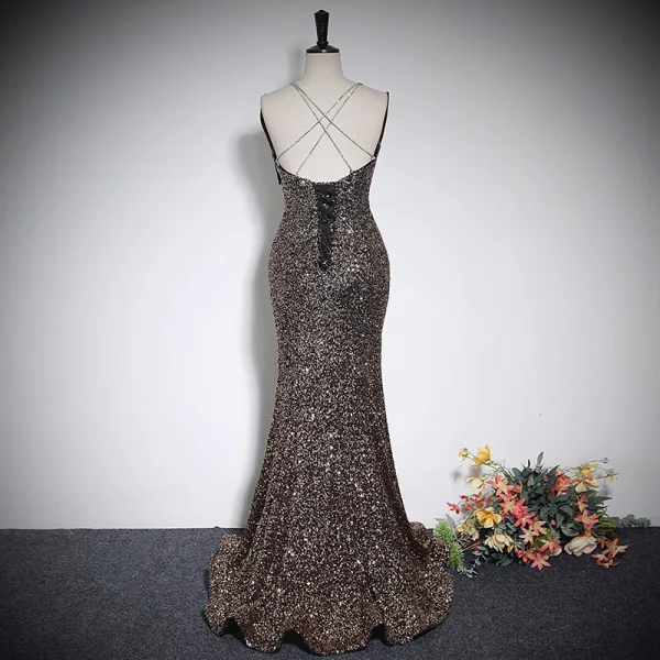 Glitzernden Sexy Burgunderrot Pailletten Abendkleider 2023 Meerjungfrau Spaghettiträger Schleife Ärmellos Rückenfreies Lange Abend Festliche Kleider