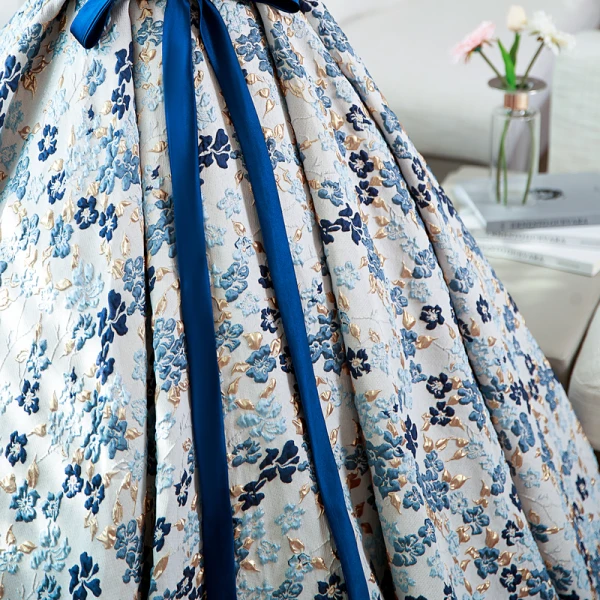 Elegant Navy Blue Floral Prom Dresses 2022 Ball Gown Square Neckline Bow Sash Short Sleeve Backless Floor-Length / Long Prom Formal Dresses