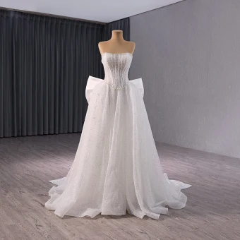 Luxury Gorgeous White Handmade Beading Pearl Sequins Wedding Dresses 2024 Trumpet Mermaid Strapless Sleeveless Backless Bow Sweep Train Wedding