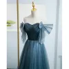 Chic / Beautiful Ink Blue Prom Dresses 2022 A-Line / Princess Off-The-Shoulder Puffy Short Sleeve Backless Bow Floor-Length / Long Formal Dresses