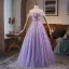 Chic / Beautiful Lavender Beading Sequins Prom Dresses 2025 A-Line / Princess Off-The-Shoulder Sleeveless Backless Floor-Length / Long Formal Dresses