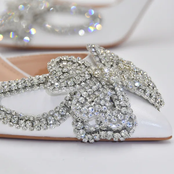 Charmant Weiß Leder Strass Schmetterling Brautschuhe 2022 Spitzschuh 10 cm Stilettos Hochzeit Hochhackige