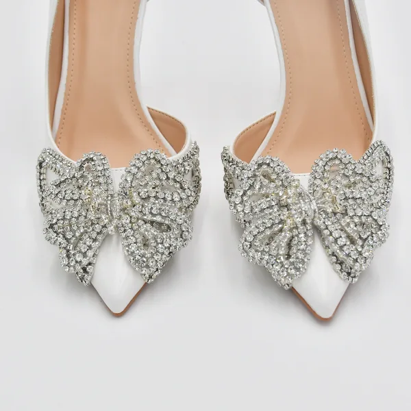 Charmant Weiß Leder Strass Schmetterling Brautschuhe 2022 Spitzschuh 10 cm Stilettos Hochzeit Hochhackige