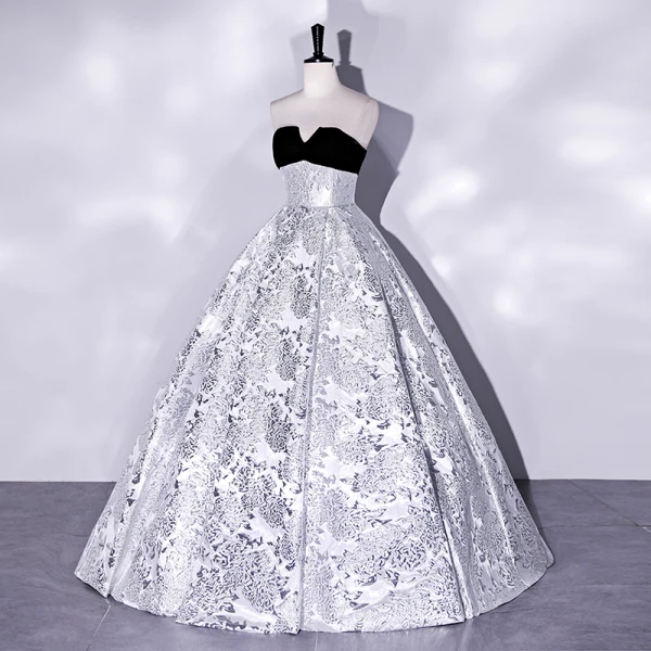 Elegant Silver Grey Printing Prom Dresses 2022 Ball Gown Strapless Sleeveless Backless Floor-Length / Long Prom Formal Dresses