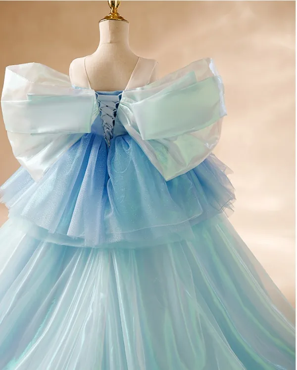 Elegant Sky Blue Beading Pearl Sequins Birthday Flower Girl Dresses 2024 Ball Gown Scoop Neck Puffy Short Sleeve Backless Sweep Train Tulle