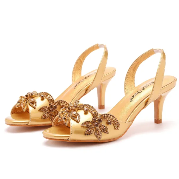 Charmant Gold Abend Strass Sandalen Damen 2023 6 cm Stilettos Peeptoes Sandaletten Hochhackige