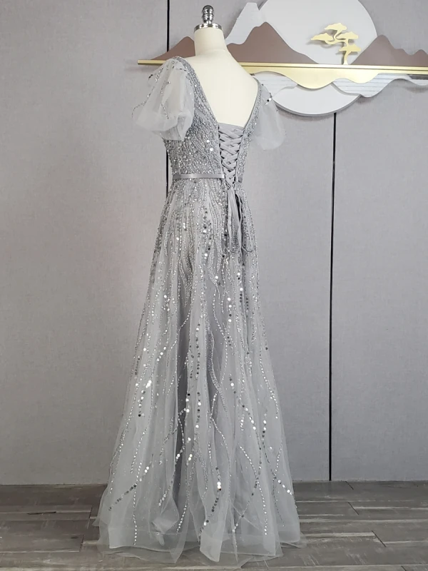 Charming Champagne Beading Sequins Prom Dresses 2024 A-Line / Princess V-Neck Short Sleeve Backless Bow Sash Floor-Length / Long Prom Formal Dresses