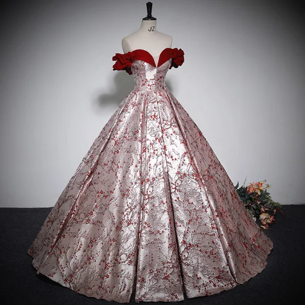Fashion Burgundy Printing Prom Dresses 2023 Ball Gown Off-The-Shoulder Sleeveless Backless Floor-Length / Long Prom Formal Dresses