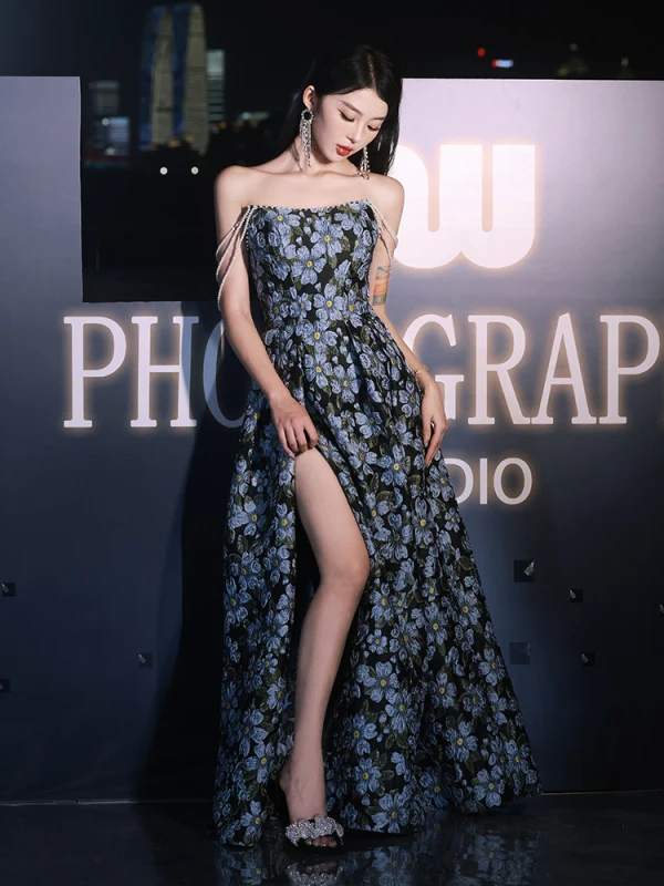 Sexy Black Printing Split Front Evening Dresses 2024 A-Line / Princess Strapless Sleeveless Backless Floor-Length / Long Evening Party Formal Dresses