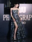 Sexy Black Printing Split Front Evening Dresses 2024 A-Line / Princess Strapless Sleeveless Backless Floor-Length / Long Evening Party Formal Dresses