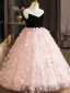 Chic / Beautiful Blushing Pink Appliques Birthday Flower Girl Dresses 2025 Ball Gown Scoop Neck Sleeveless Floor-Length / Long Tulle