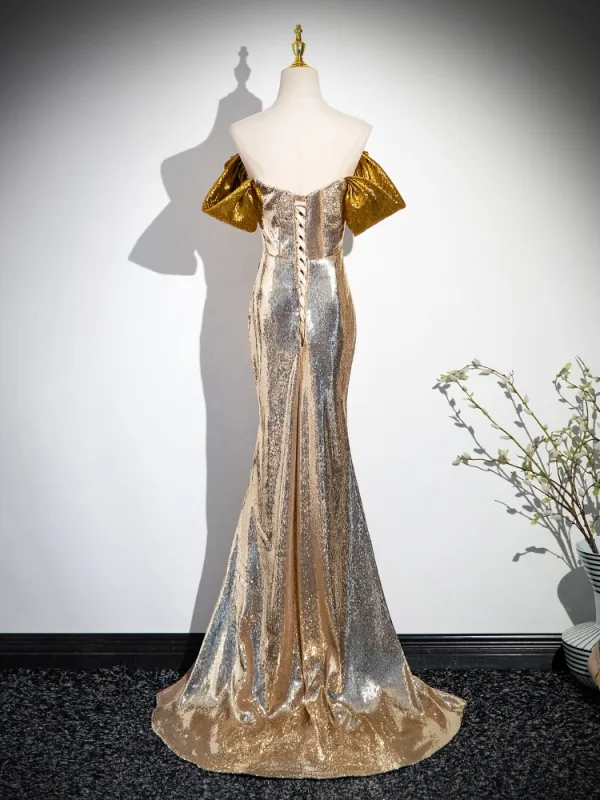Scintillantes Doré Paillettes Fendue devant Robe De Bal 2024 Trompette / Sirène Bustier Noeud Sans Manches Dos Nu Train De Balayage Promo Robe De Ceremonie