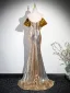 Scintillantes Doré Paillettes Fendue devant Robe De Bal 2024 Trompette / Sirène Bustier Noeud Sans Manches Dos Nu Train De Balayage Promo Robe De Ceremonie
