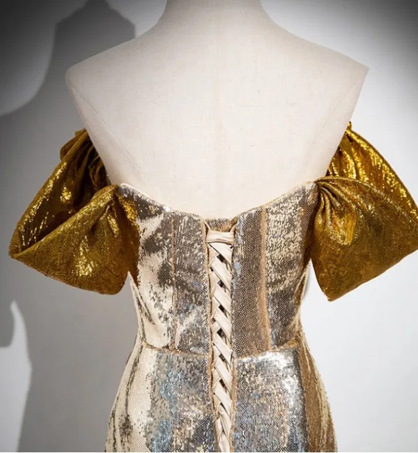 Scintillantes Doré Paillettes Fendue devant Robe De Bal 2024 Trompette / Sirène Bustier Noeud Sans Manches Dos Nu Train De Balayage Promo Robe De Ceremonie