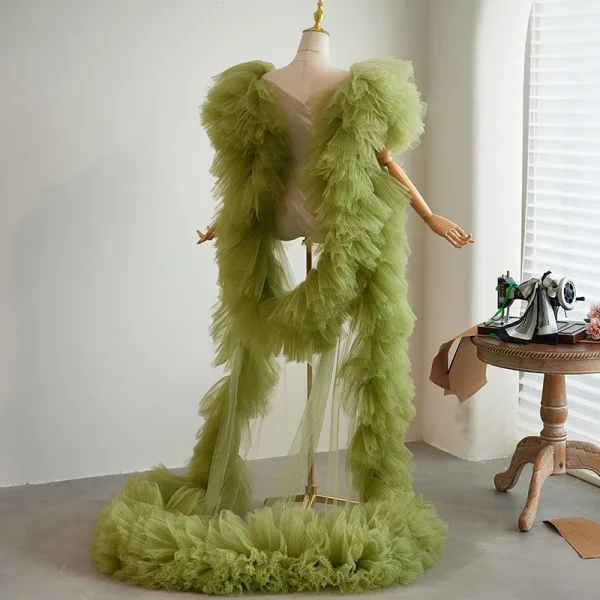 Chic / Belle Vert Cendré Fait main Volants en Cascade Soirée Promo châle Vestes & Enveloppements 2024 Tulle