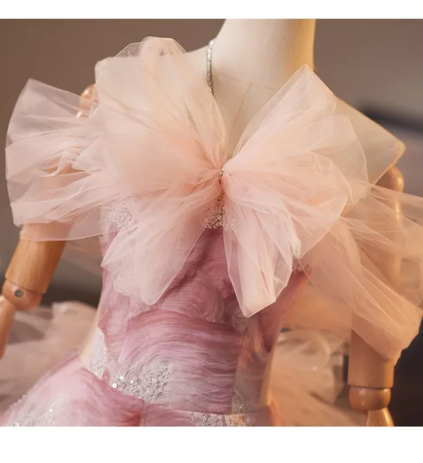 Fashion Blushing Pink Bow Printing Prom Dresses 2025 Ball Gown Off-The-Shoulder Short Sleeve Backless Floor-Length / Long Prom Formal Dresses