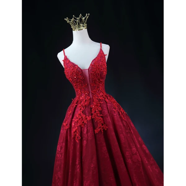 Sexy Burgundy Beading Sequins Lace Flower Evening Dresses 2023 A-Line / Princess Spaghetti Straps Sleeveless Backless Floor-Length / Long Evening Party Formal Dresses
