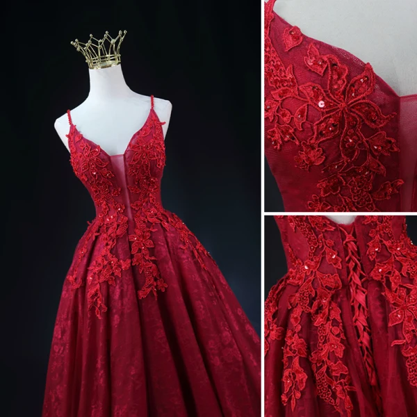 Sexy Burgundy Beading Sequins Lace Flower Evening Dresses 2023 A-Line / Princess Spaghetti Straps Sleeveless Backless Floor-Length / Long Evening Party Formal Dresses