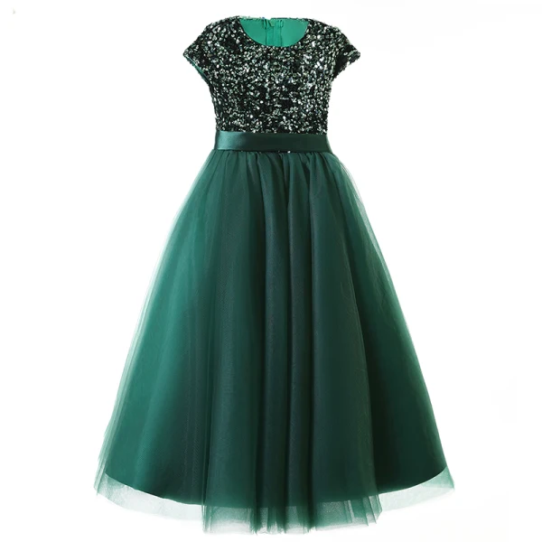 Vintage / Retro Dark Green Sequins Birthday Flower Girl Dresses 2024 Ball Gown Scoop Neck Sleeveless Bow Sash Floor-Length / Long