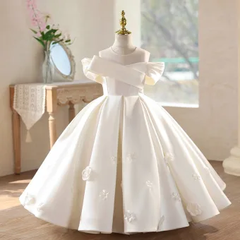 Élégant Ivoire Appliques Satin Mariage Robe Ceremonie Fille 2026 Robe Boule Encolure Dégagée Manches Courtes Dos Nu Longue
