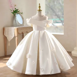 Elegant Ivory Satin Birthday Flower Girl Dresses 2026 Ball Gown Scoop Neck Short Sleeve Backless