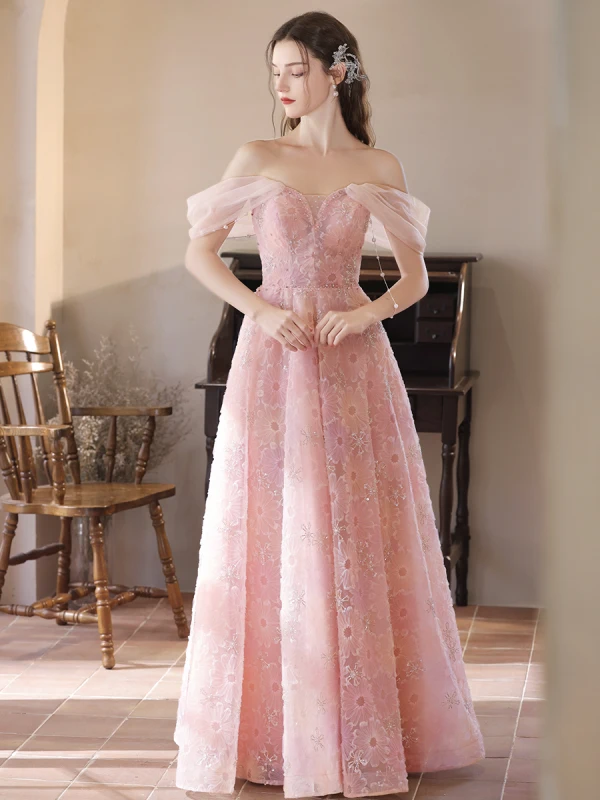 Charmant Rougissant Rose Perlage En Dentelle Fleur Robe De Bal 2024 Princesse De l'épaule Sans Manches Dos Nu Longue Promo Robe De Ceremonie