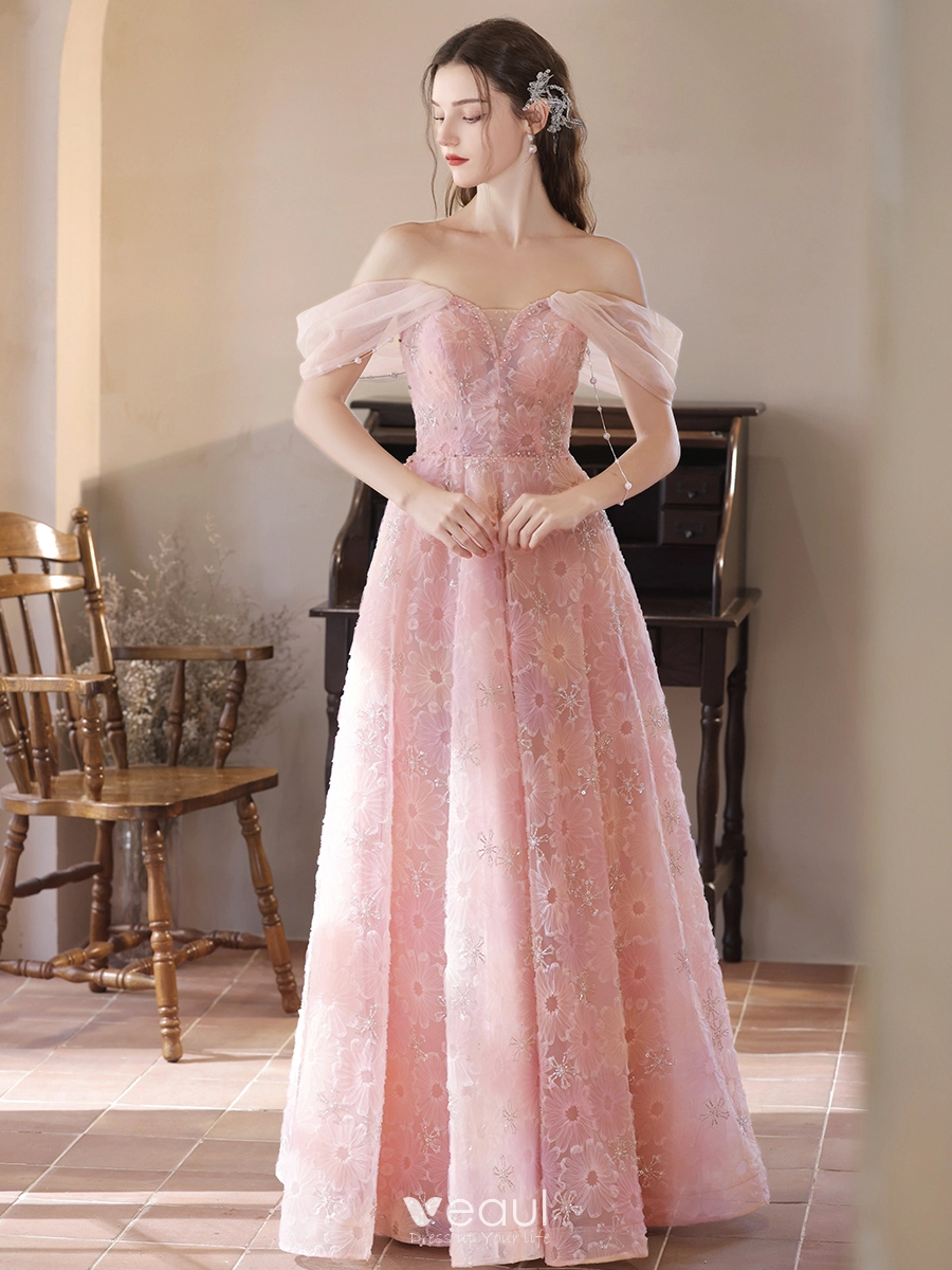 Lovely Blushing Pink Beading Lace Flower Prom Dresses 2024 A-Line /  Princess Off-The-Shoulder Sleeveless Backless Floor-Length / Long Prom  Formal Dresses