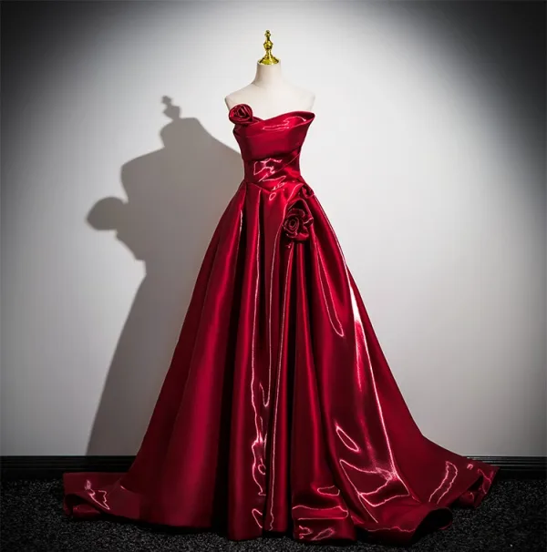 Chic / Beautiful Burgundy Sweep Train Prom Dresses 2025 Ball Gown Off-The-Shoulder Short Sleeve Backless Formal Dresses