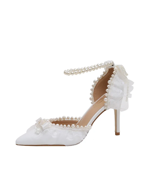 Elegante Weiß Perle Schleife Spitze Brautschuhe 2024 Knöchelriemen 9 cm Stilettos Spitzschuh Hochzeit Sandaletten Hochhackige
