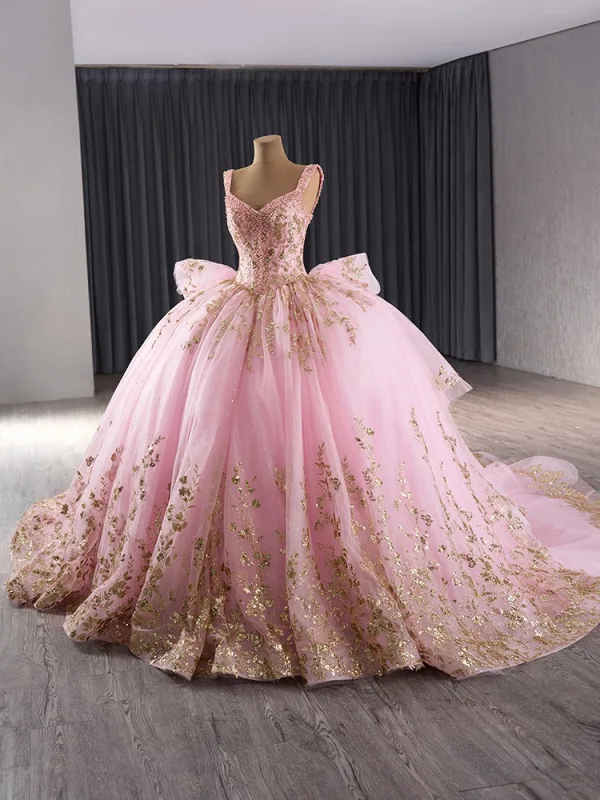Haut de Gamme Rose Bonbon Fait main Perlage Perle Paillettes Volants en Cascade Robe De Bal 2024 Robe Boule Encolure Carrée Sans Manches Dos Nu Tribunal Train Promo Robe De Ceremonie