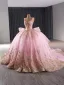 Haut de Gamme Rose Bonbon Fait main Perlage Perle Paillettes Volants en Cascade Robe De Bal 2024 Robe Boule Encolure Carrée Sans Manches Dos Nu Tribunal Train Promo Robe De Ceremonie