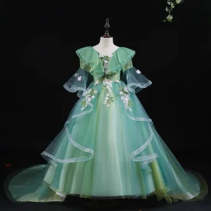 Chic Belle Vert Cendré Appliques En Dentelle Fleur Perle Volants En Cascade Anniversaire Robe Ceremonie Fille 2024 Robe Boule V Cou Manches Courtes Tribunal Train