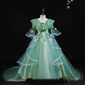 Chic Beautiful Sage Green Appliques Lace Flower Pearl Cascading Ruffles Birthday Flower Girl Dresses 2024 Ball Gown V Neck Short Sleeve Court Train
