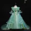 Chic / Beautiful Sage Green Appliques Lace Flower Pearl Cascading Ruffles Birthday Flower Girl Dresses 2024 Ball Gown V-Neck Short Sleeve Court Train
