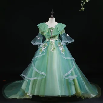 Flower Fairy Sage Green Appliques Lace Flower Birthday Flower Girl Dresses 2024 Ball Gown V Neck Bell Sleeves Court Train Flower Girl Dresses