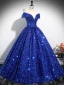 Sparkly Royal Blue Beading Sequins Prom Dresses 2024 Ball Gown Off-The-Shoulder Short Sleeve Backless Floor-Length / Long Prom Formal Dresses