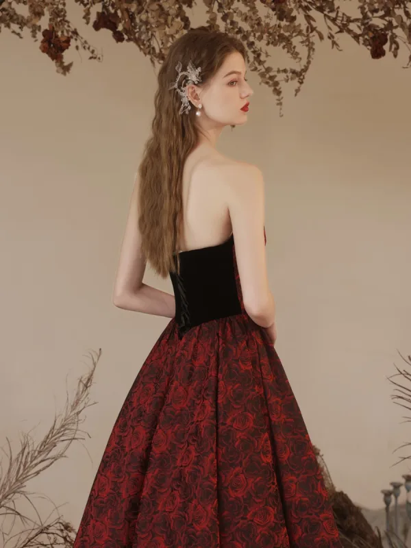 Charming Burgundy Summer Printing Evening Dresses 2023 A-Line / Princess Strapless Sleeveless Backless Floor-Length / Long Evening Party Formal Dresses